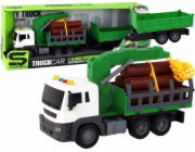 LeanToys Nákladní vůz s jeřábem Přívěs Třecí pohon Zvuky Zelené dřevo 1:16