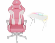 Genesis Růžovobílé křeslo Nitro 710 (NFG-1929) + bílý psací stůl Holm 320 RGB 120 cm x 60 cm