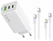 COLORWAY 2x USB-C, 1x USB-A/ síťová nabíječka/ GaN/ PD/ PPS/ 65W/ Včetně 2x kabelů, USB-C-USB-C, USB-C-Lightning/ Bílá