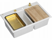 GraniteQ MARC 120 WORKSTATION Dřez GraniteQ 2-dřezový 760*500*235 mm sněhově bílá + sifon s otevíráním push-to-pen + dávkovač + deska + vložka / zlaté prvky