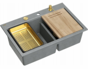 GraniteQ MARC 120 WORKSTATION Dřez GraniteQ 2 dřezy 760*500*235 mm stříbrný kámen + sifon s otevíráním push-to-pen + dávkovač + deska + vložka / zlaté prvky