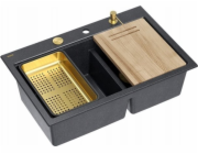 GraniteQ MARC 120 WORKSTATION Dřez GraniteQ 2 dřezy 760*500*235 mm černá diamantová + sifon s otevíráním push-to-pen + dávkovač + deska + vložka / zlaté prvky