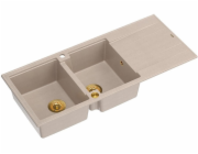 GraniteQ Kuchyňský dřez EVAN 121 se sifonem Push To Open, 2 dřezy s/bez (1160x500x210; rozměr 420x340) perleťově béžové / zlaté prvky