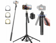 Hurtel Selfie tyč WH181D-Y1S, teleskopický stativ 1,75 m, hliníková slitina, duální svítilna a držák na telefon - černá