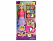 Panenka s nákupním košíkem a prodejnou ovoce a zeleniny