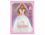 Módní panenka v bílých svatebních šatech s kyticí