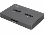 Dokovací stanice USB-C 3.2 Gen2 pro M.2 Duo NVMe a SATA SSD disky (max. 2x 4 TB) s čtečkou karet SD-Express 7.1 (max. 2 TB), černá