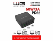 WG - Síťová nabíječka 5x USB 60W, 1x USB-A QC 3.0 + 3x USB-A Smart IC + 1x USB-C PD, černá