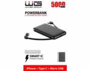 WG - Power Bank 5000 mAh, kabel Micro USB + Type-C + adaptér Lightning, černá