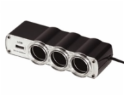 WG - Nabíječka do auta,  rozbočovač, 3x zásuvka zapalovače 12V + 1x USB-A, s prodloužením