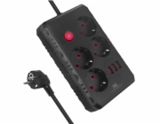 Maclean Prodlužovací kabel MCE393 B, 4 zásuvky, 3xUSB, 110-240V AV 50/60Hz, 1A max. 2500W, 3m, černá