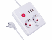Maclean Prodlužovací kabel, MCE388 W, 2 zásuvky, 3x USB, 110-240V AC 50/60Hz, 2,1A max. 2500W, 3m bílý
