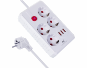 Maclean Prodlužovací kabel MCE392 W, 4 zásuvky, 3xUSB, 110-240V AC 50/60Hz, 2,1A max. 2500W, 1,5m bílý