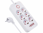 Maclean MCE391 W prodlužovací kabel 6 zásuvek 4xUSB-A 1xUSB-C 110-240V AC 50/60Hz, 2,1A max. 2500W, bílý