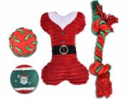 Barry King Sada hraček pro psy vinylový míček 6,7 cm, tenisový míček 6,3 cm, plyšová kost 21 cm, lano 32 cm, červená, 4 ks/balení.