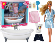 LeanToys Panenka s dlouhými blond vlasy a modrým županem do koupelny