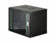 Digitus Cabinet DIGITUS Dynamic 19 9U jednodílná nástěnná síťová skříň, 600x450, skleněné dveře, černá, nesestavená, 60 kg