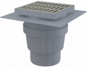 ALCADRAIN Odtokový rošt 150×150/110 mm vertikální, nerezový rošt, dvě úrovně izolace, mokrý sifon