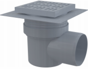 ALCADRAIN Odtokový rošt 150×150/110 mm, boční odtok, šedý rošt, dvě úrovně izolace, mokrý sifon