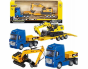 HUINA Nákladní vůz s přívěsem, odtahovka, kovový bagr, žlutý 1:50