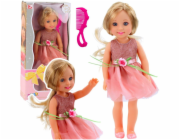 LeanToys Panenka v šatech s mašlí, dlouhé vlasy, růžový hřeben, 38 cm, LEAN Toys