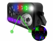 LIGHT4ME PARTY V LED RGBW-UV 6v1 multiefektové světlo efekt včelí oko bílé UV stroboskopické světlo vodní vlna par 2x laser R/G