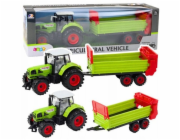 LeanToys Traktor s přívěsem, třecí pohon, otevírací kapota, dveře, zelený