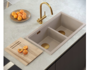 GraniteQ ČTVRÁK | LOGAN 120 | žulový kuchyňský dřez SOFT TAUPE + MĚDĚNÝ PVD | rozměry: 76 x 45 x 23,5 cm | 2komorová vložka | výška dna skříňky od: 80 cm