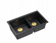 GraniteQ ČTVRÁK | LOGAN 120 | žulový kuchyňský dřez ČISTÝ UHLÍK + ZLATÉ PVD | rozměry: 76 x 45 x 23,5 cm | 2komorová vložka | výška dna skříňky od: 80 cm