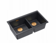 GraniteQ ČTVRÁK | LOGAN 120 | žulový kuchyňský dřez BLACK DIAMOND + MĚDĚNÉ PVD | rozměry: 76 x 45 x 23,5 cm | 2komorová vložka | výška dna skříňky od: 80 cm