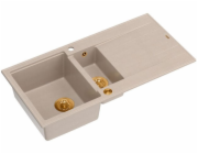 GraniteQ Dřez EVAN 156 se sifonem Push To Open, 1,5dílný, s/bez (1000x500x210; rozměr 420x480) perleťově béžových / měděných prvků