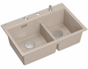 GraniteQ MARC 120 WORKSTATION dvoudřez 760*500*235 mm perleťově béžový + sifon s otevíráním push-to-pen + ocelový dávkovač + odtoková vložka + Qmat + deska/ocelové prvky