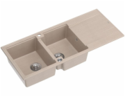 GraniteQ Dřez EVAN 121 se sifonem Push To Open, 2 dřezy, s/bez (1160x500x210; rozměr 420x340) perleťově béžové / ocelové prvky