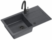 GraniteQ Žulový dřez GO-MAX BLACK 1-kz/o (77x44x17,5) + velmi černá baterie + ruční sifon s velmi černým uzávěrem