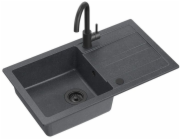 GraniteQ Žulový dřez GO-MAX BLACK 1-kz/o (77x44x17,5) + velmi černá baterie + ruční sifon s velmi černým uzávěrem