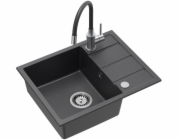GraniteQ Dřez MIKE 116 z černé žuly, 1 dřez, s/bez (56x44x17,5) + baterie s flexibilním výtokem + sifon + zátka + černá posuvná vložka