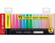 Stabilo Zvýrazňovač Boss, mix barev, 15 ks, pastelové a neonové, se stojánkem