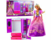 LeanToys Šatní skříň pro panenky Anlily s policemi a zásuvkami, doplňky do šatny, 24 dílů.