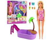 LeanToys Sada Panenka Anlily na pláži s palmou a doplňky do bazénu, 8 dílků.