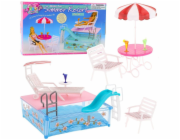 LeanToys Sada pro panenky do letního resortu s bazénem, skluzavkou, lehátky a slunečníkem