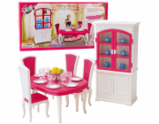 LeanToys Jídelní sada pro panenky: Stůl, židle, příborník, nádobí
