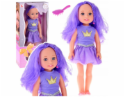 LeanToys Panenka v šatech s korunou, dlouhé vlasy, fialový kartáč, 38 cm, LEAN Toys