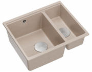 GraniteQ LOGAN 150 perleťově béžový dřez 56x46x22 cm 1,5 dřezu, závěsný + manuální sifon, kartáčovaná ocel, úspora místa