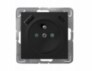 Ospel Impresja GP-1YZPUSBAC/m/33 jednoduchá zásuvka s uzemněním, s proudovými chrániči, s USB nabíječkou A+C 250V 16A IP20, černá metalická