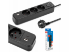 Montis Černý prodlužovací kabel se 3 zásuvkami a USB 5m M...