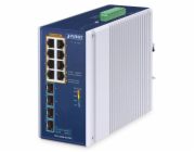 Planet IGS-1000-8UP4X průmyslový L2 switch, 8x1Gb, 4x10Gb SFP+,8x PoE 802.3bt 240W, -40~75°C, dual 48-54VDC,IP30,fanless