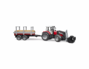 Bruder Traktor Massey Ferguson 7480 s čelním nakladačem, přívěs na dřevo (02046)