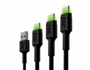 Green Cell Set 3x Cable GC Ray USB-C Cable 30cm, 120cm, 200cm with green LED backlight, fast charging UC, QC 3.0
