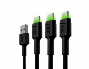 Green Cell Set 3x Cable GC Ray USB-C 200cm Cable with green LED backlight, fast charging Ultra Charge, QC 3.0