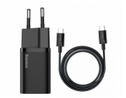 Baseus Super Si rychlonabíječka 1C 25W EU + kabel Type-C/Type-C 3A 1m černá